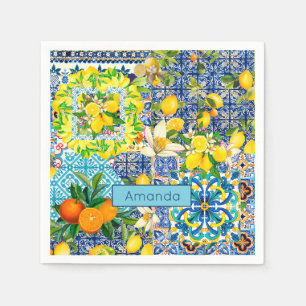Guardanapo De Papel Azulejos florais de citrinos de cor azul-chic