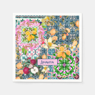 Guardanapo De Papel Azulejos florais de citrinos de cor azul-chic