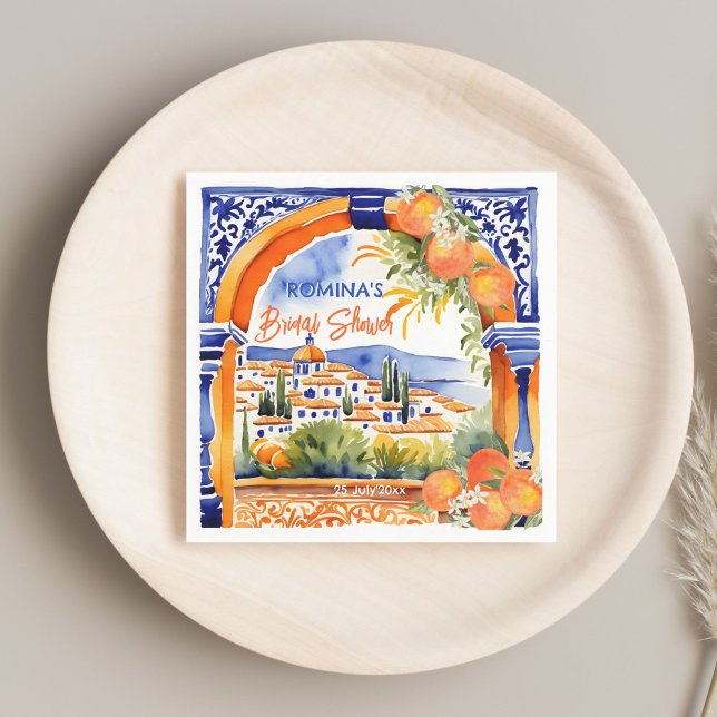 Guardanapo De Papel Azulejos laranja azul talavera chuveiro de noiva (Orange blue azulejo talavera tiles Spanish summer bridal shower template printed napkins bold colors)