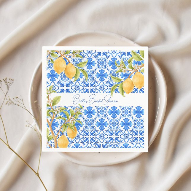 Guardanapo De Papel Azulejos Mediterrâneos Limões da Main Squeeze Noiv (Blue Tiles Main Squeeze Lemons Bridal Shower napkins)