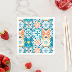 Guardanapo De Papel azulejos ornamentados em azul e laranja