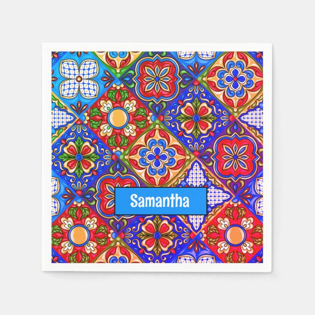 Guardanapo De Papel Azulejos vermelhos roxos do talavera mexicano (Frente)