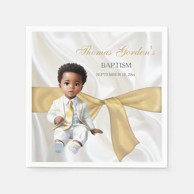 Guardanapo De Papel Baby Boy Baptism Christening White e Dourado (Frente)