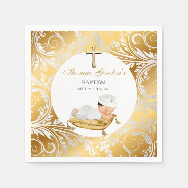 Guardanapo De Papel Baby Boy Christening Baptism Dourado Silver (Frente)