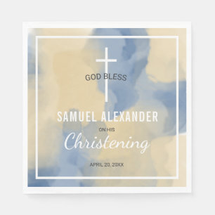 Guardanapo De Papel Baby Boy Christening Blue e Dourado Watercolor