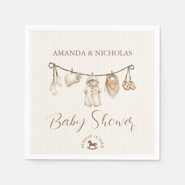 Guardanapo De Papel Baby Clothesline Neutral Baby Shower Striped (Frente)