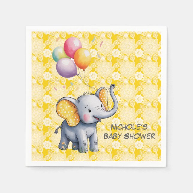 Guardanapo De Papel Baby Elephant Yellow Polka Dot Ears Baby Shower (Frente)