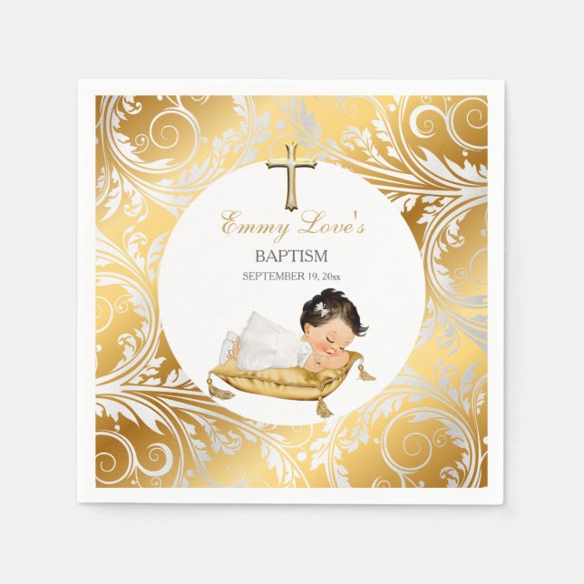 Guardanapo De Papel Baby Girl Christening Baptism Dourado Silver (Frente)