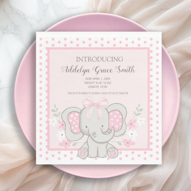 Guardanapo De Papel Baby Girl Elephant Pink Bolinhas Sip Veja Chá (Cute pink elelphant baby girl baby shower paper napkins)