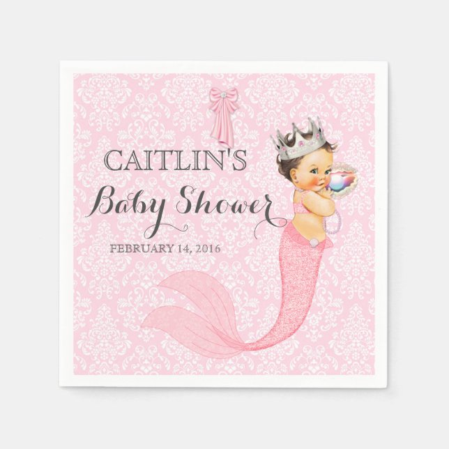 Guardanapo De Papel Baby Girl Mermaid Princess Crown Damask (Frente)