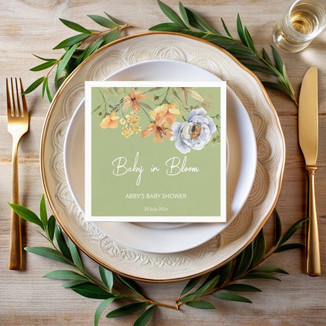 Guardanapo De Papel Baby in bloom sage green flowers baby shower (Baby in bloom sage green flowers baby shower printed napkins personalized table decor)
