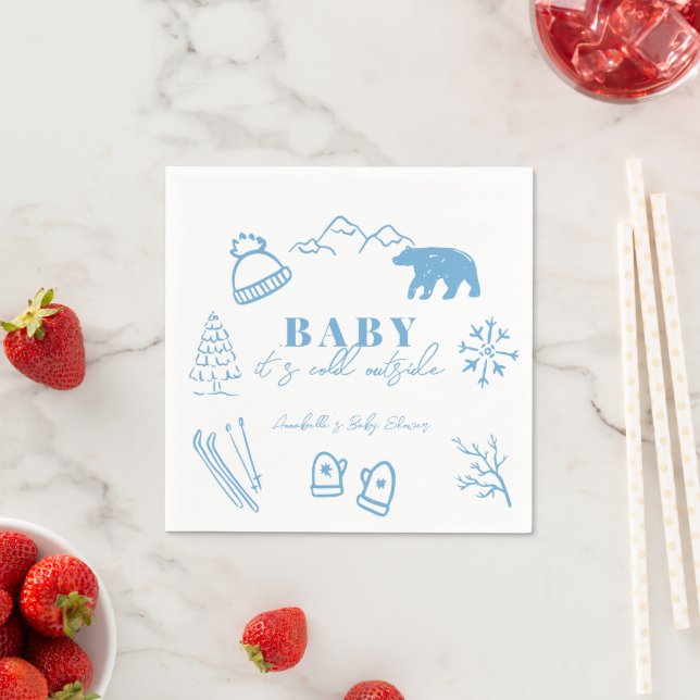 Guardanapo De Papel Baby It's Cold Outside Hand-drawn Blue Baby Shower (Insitu)