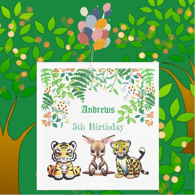 Guardanapo De Papel Baby Kangaroo Tiger Leopard Jungle Floresta Verde (Baby Kangaroo Tiger Leopard Jungle Greenery Forest Napkins)