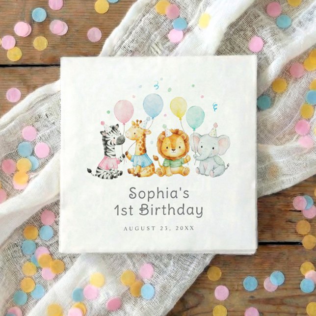 Guardanapo De Papel Baby Party Animals Cute 1st Birthday (Kids birthday party napkins with elephant, lion, giraffe and zebra holding balloons)