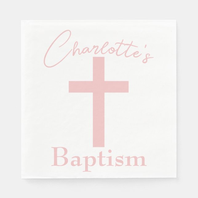Guardanapo De Papel Baby Pink Cross com Nome Personalizado Baptismo (Frente)