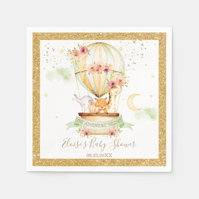 Guardanapo De Papel Balão de Ar Quente Verde Chic Animais Bebês Neutro (Frente)