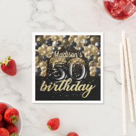 Guardanapo De Papel Balão Dourado Preto de 50 Anos Personalizado