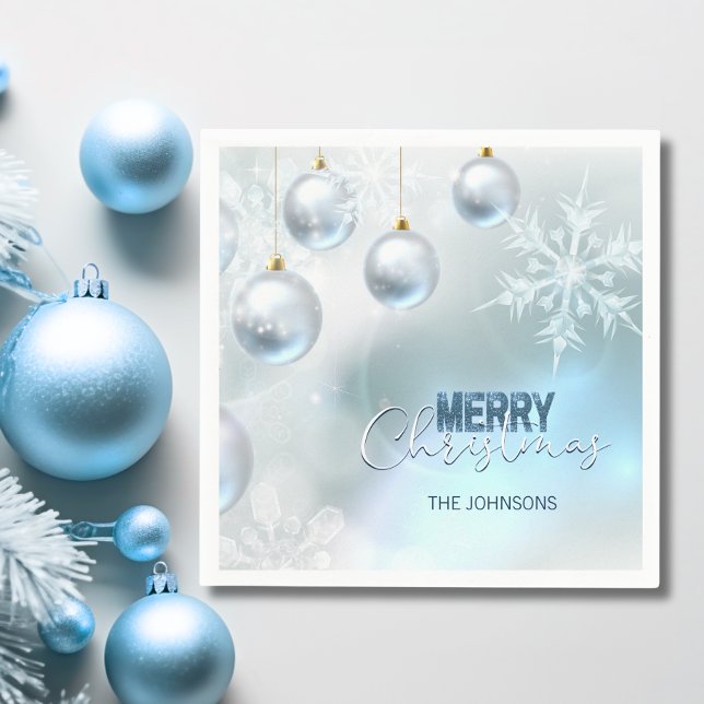 Guardanapo De Papel Balas de Prata Azul Flocos de Neve NATAL (Blue Silver Baubles Snowflakes CHRISTMAS Napkins)