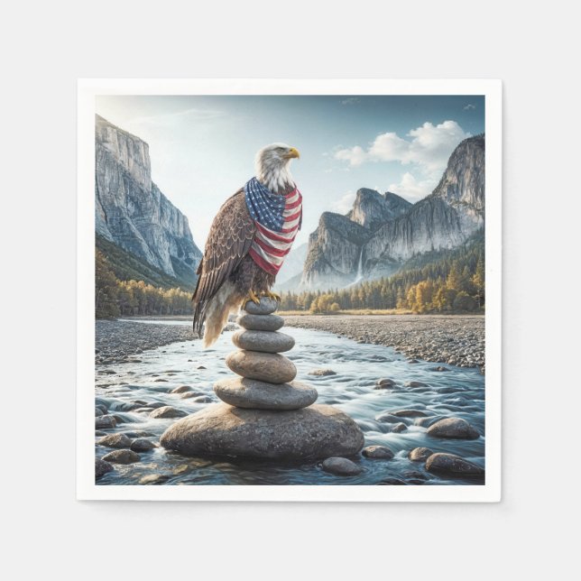 Guardanapo De Papel Bald Eagle No Cairn Com Bandeira Americana (Frente)
