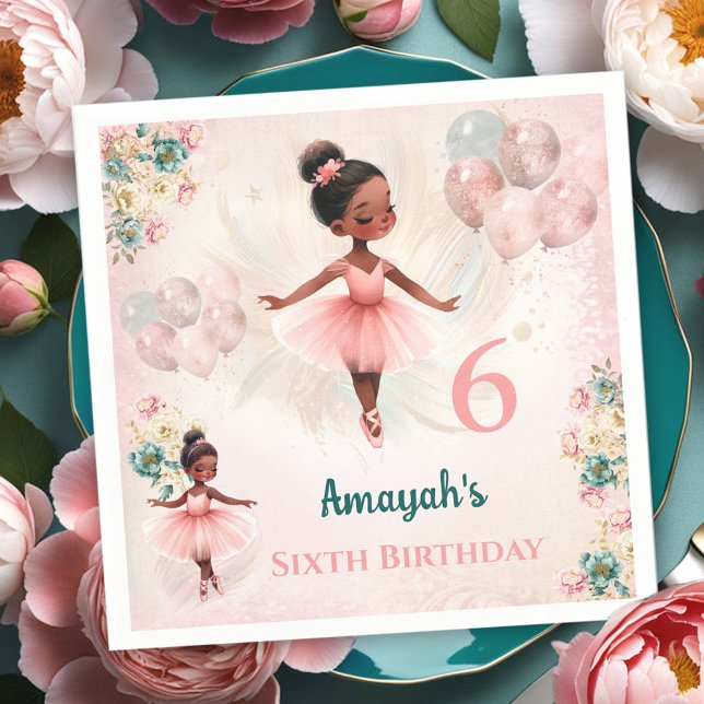 Guardanapo De Papel Ballerina Dark Skin Pink Teal Floral Aniversário (Ballerina Dark Skin Pink Teal Floral Birthday Napkins)