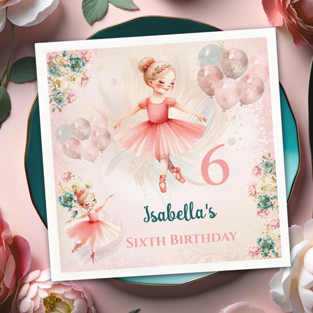 Guardanapo De Papel Ballerina Loura Rosa Teal Floral Girly Aniversário (Ballerina Blond Pink Teal Floral Girly Birthday Napkins)