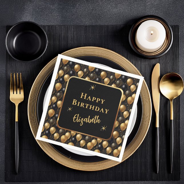Guardanapo De Papel Balões de Aniversário Dourados Elegantes (Elegant Black and Gold Faux Glitter Balloons Pattern A021 "Happy Birthday" [Name] Paper Napkins)