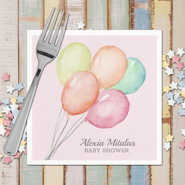 Guardanapo De Papel Balões de Aquarela em Chá de fraldas Rosa (Watercolor Balloons Girl Baby Shower Pink Napkins)