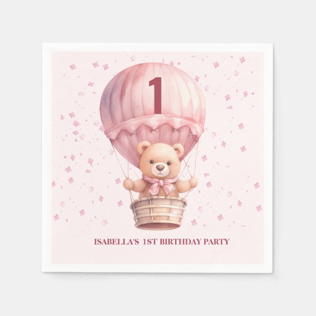 Guardanapo De Papel Balões de Urso Teddy Pastel Pink Bebê é Aniversári (Frente)