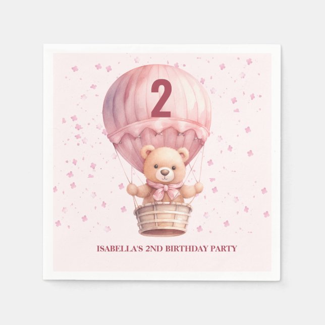 Guardanapo De Papel Balões de Urso Teddy Pastel Pink Bebê é Aniversári (Frente)