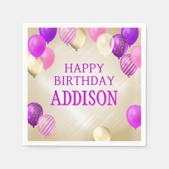 Guardanapo De Papel Balões Dourados Rosa de Aniversário (Frente)