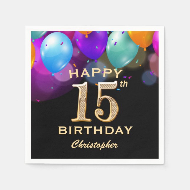 Guardanapo De Papel Balões Festa de aniversário preto e Dourado (Frente)