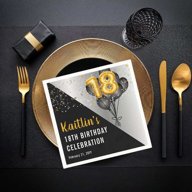 Guardanapo De Papel Balões Negros Elegantes | Dourada 18.a Festa de an (Elegant Black Balloons and Gold Tone Balloon Numbers 18th Birthday Party Paper Napkins)