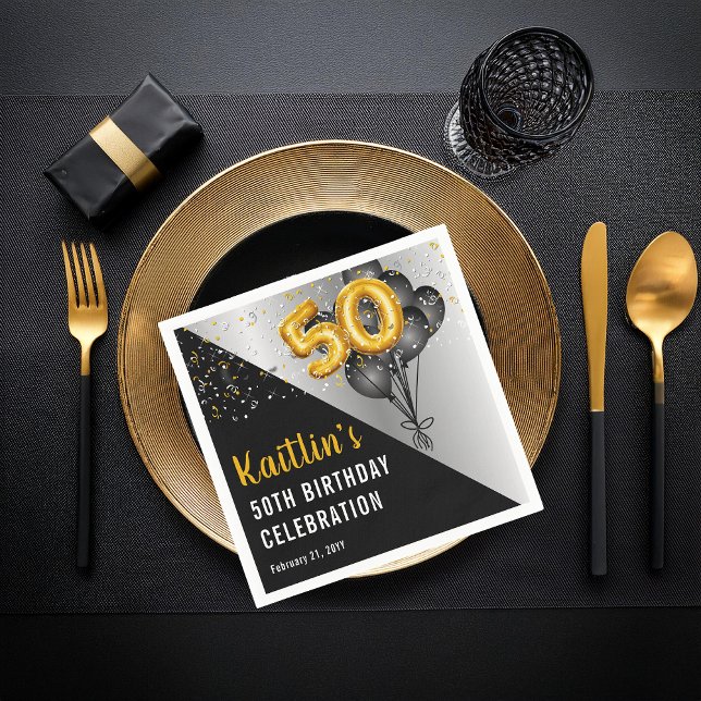Guardanapo De Papel Balões Negros Elegantes | Dourada 50.a Festa de an (Elegant Black Balloons and Gold Tone Balloon Numbers 50th Birthday Party Paper Napkins)
