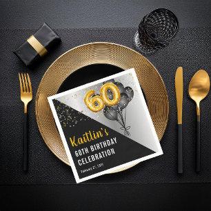 Guardanapo De Papel Balões Negros Elegantes Dourada 60.a Festa de an