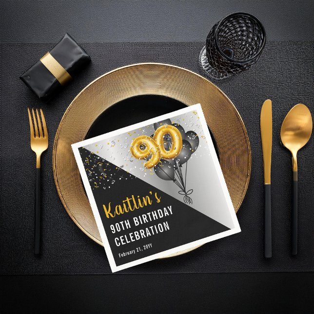 Guardanapo De Papel Balões Negros Elegantes | FESTA DE ANIVERSÁRIO DOU (Elegant Black Balloons and Gold Tone Balloon Numbers 90th Birthday Party Paper Napkins)