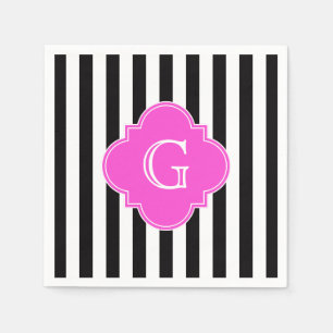 Guardanapo De Papel Bandas brancas pretas, Monograma Quatrefoil Rosa Q