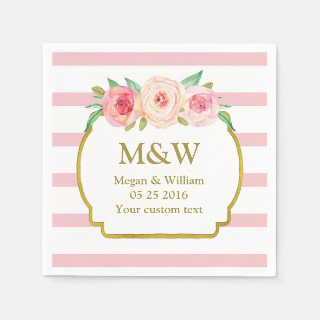 Guardanapo De Papel Bandas cor-de-rosa Douradas Casamento Floral Rosa  (Frente)