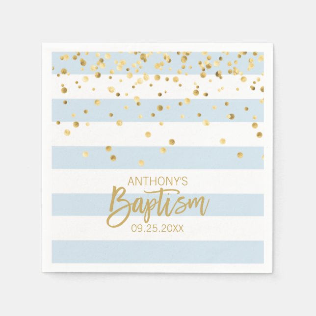 Guardanapo De Papel Bandas de Pastel Blue Dourado BOY BAPTISM (Frente)