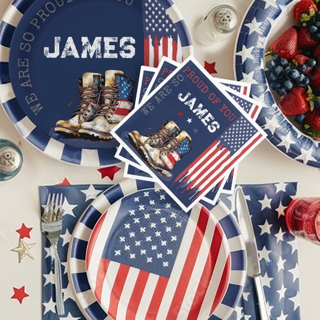 Guardanapo De Papel Bandeira Militar norte-americana bosta BLUE saindo (Patriotic Military Party US Flag Combat Boots going away farewell party table decor plates napkins)