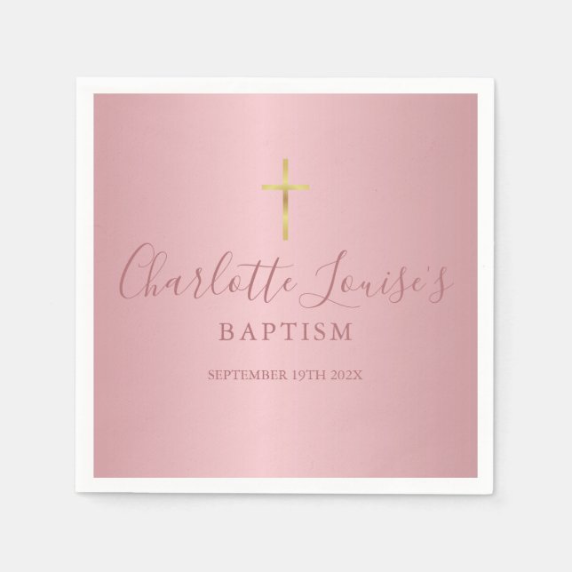 Guardanapo De Papel Baptism Christening Modern Rosa Dourado Script Nap (Frente)