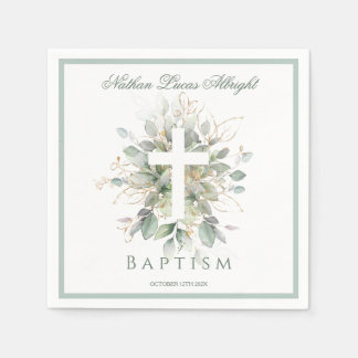 Guardanapo De Papel Baptism Greenery Leaves Cross