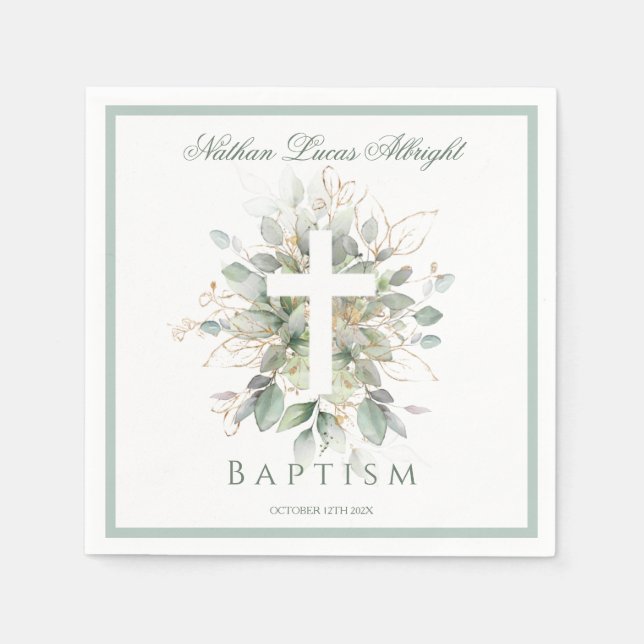Guardanapo De Papel Baptism Greenery Leaves Cross  (Frente)