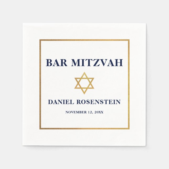 Guardanapo De Papel Bar Mitzvah Azul Branco Dourado (Frente)