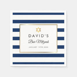 Guardanapo De Papel Bar Mitzvah Marinho Blue White Stripe Dourado