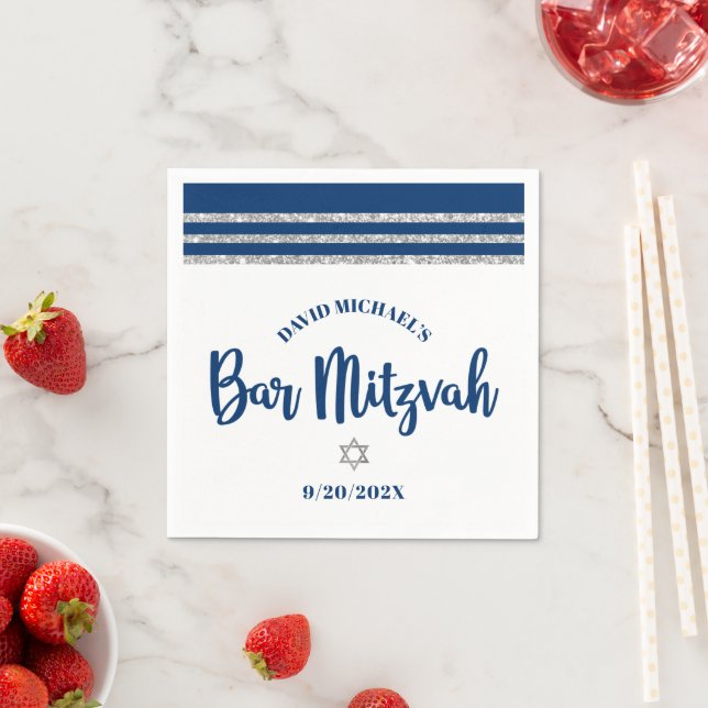 Guardanapo De Papel Bar Mitzvah Marinho Silver Tallit Script Negrito M (Insitu)