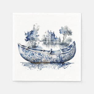 Guardanapo De Papel Barco estilo Delft azul e branco com cena de aldei