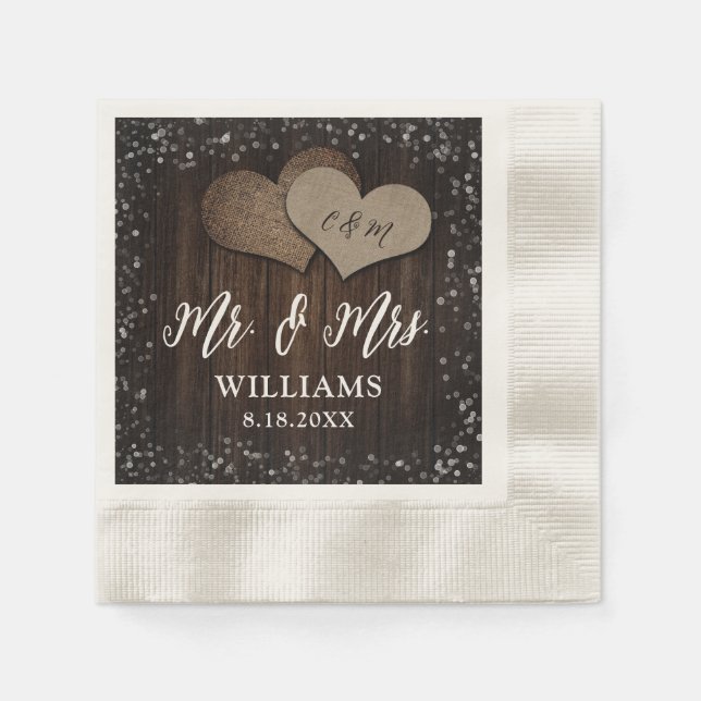 Guardanapo De Papel Barn Wood Burlap Corta Sr. & Sra. Wedding (Frente)