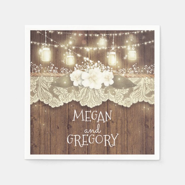 Guardanapo De Papel Barn Wood Lights Mason Jar Rustic Weding (Frente)