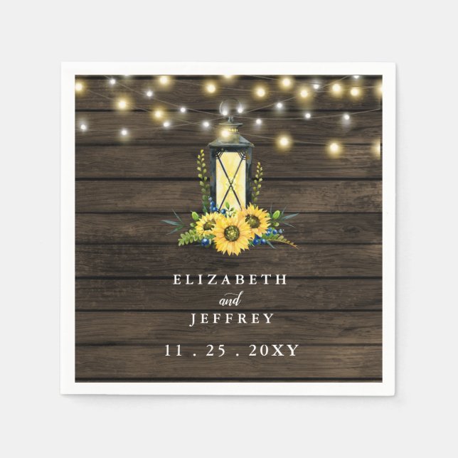 Guardanapo De Papel Barn Wood String Luzes Sunflower Casamento (Frente)