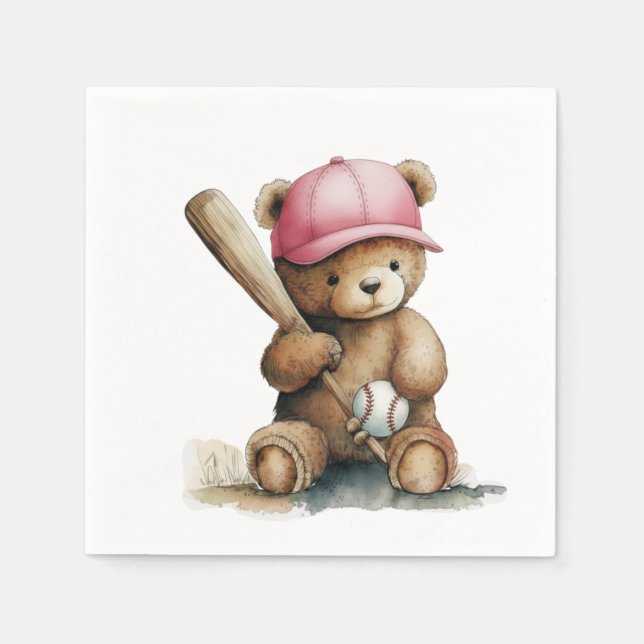 Guardanapo De Papel Baseball Teddy Pink Hat Bat Ball Baby Girl (Frente)